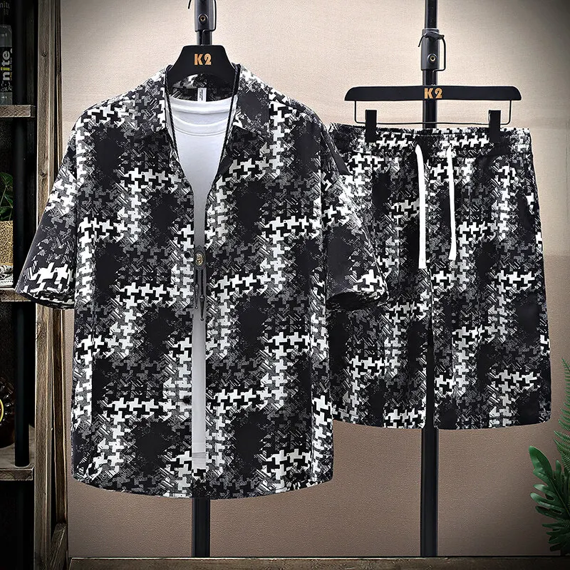 

Summer Men 2 Piece Set Quick Dry print V-neck T Shirts Shorts Sets Men Fashion Clothing Printing Casual Outfits
