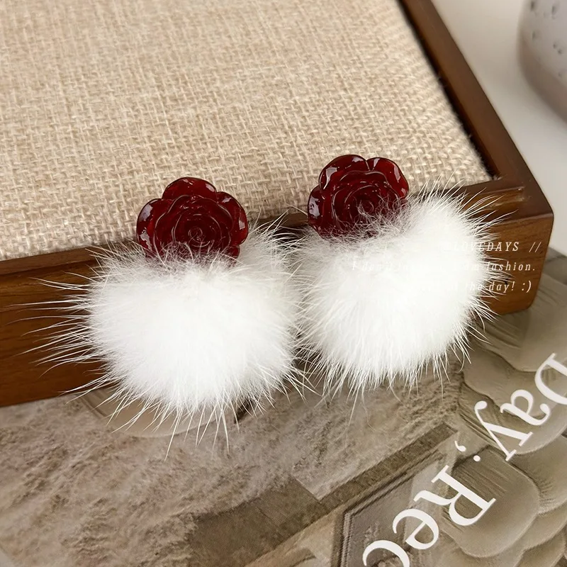Fluffy Pom Pom Earrings for Women Winter Warm Soft Fur Ball Studs Cute Rose Design Daily Wear Lightweight