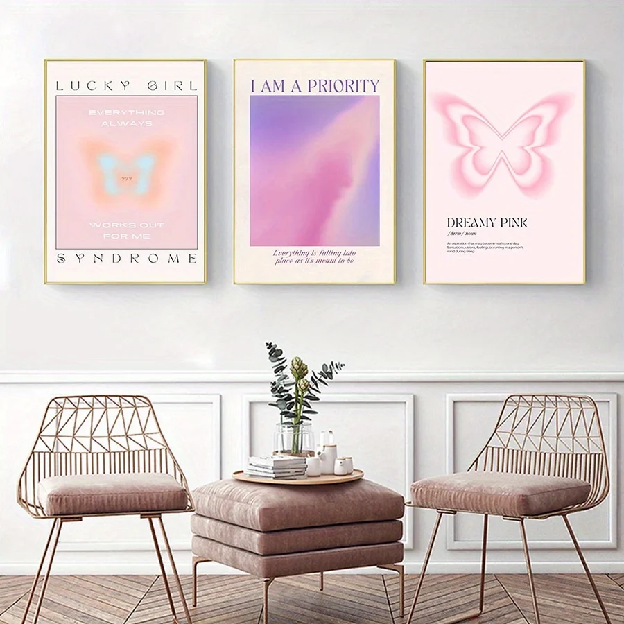 （3PCS NOFrame）-3pcs Minimalist Butterfly Posters - Dreamy Pink, Purple & Blue Canvas Art Prints with Inspirational Quotes, Mo