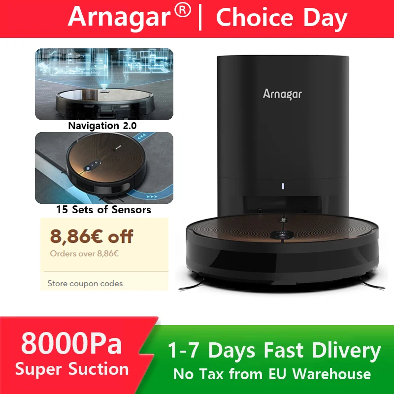 Aspirateur robot Arnagar S9, nettoyage automatique des poussières, balayage et lavage, 8000Pa, 4800mAh, faible bruit, contrôle par application pour le nettoyage domestique