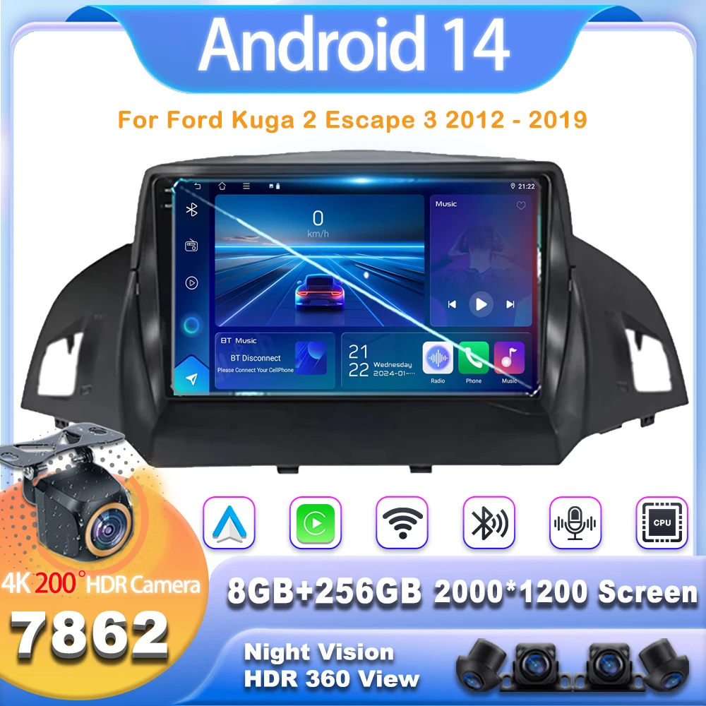 

For Ford Kuga 2 Escape 3 2012 - 2019 Android 14 Car Radio Multimedia Video Player Navigation Carplay Auto BT 2DIN DVD 7862CPU