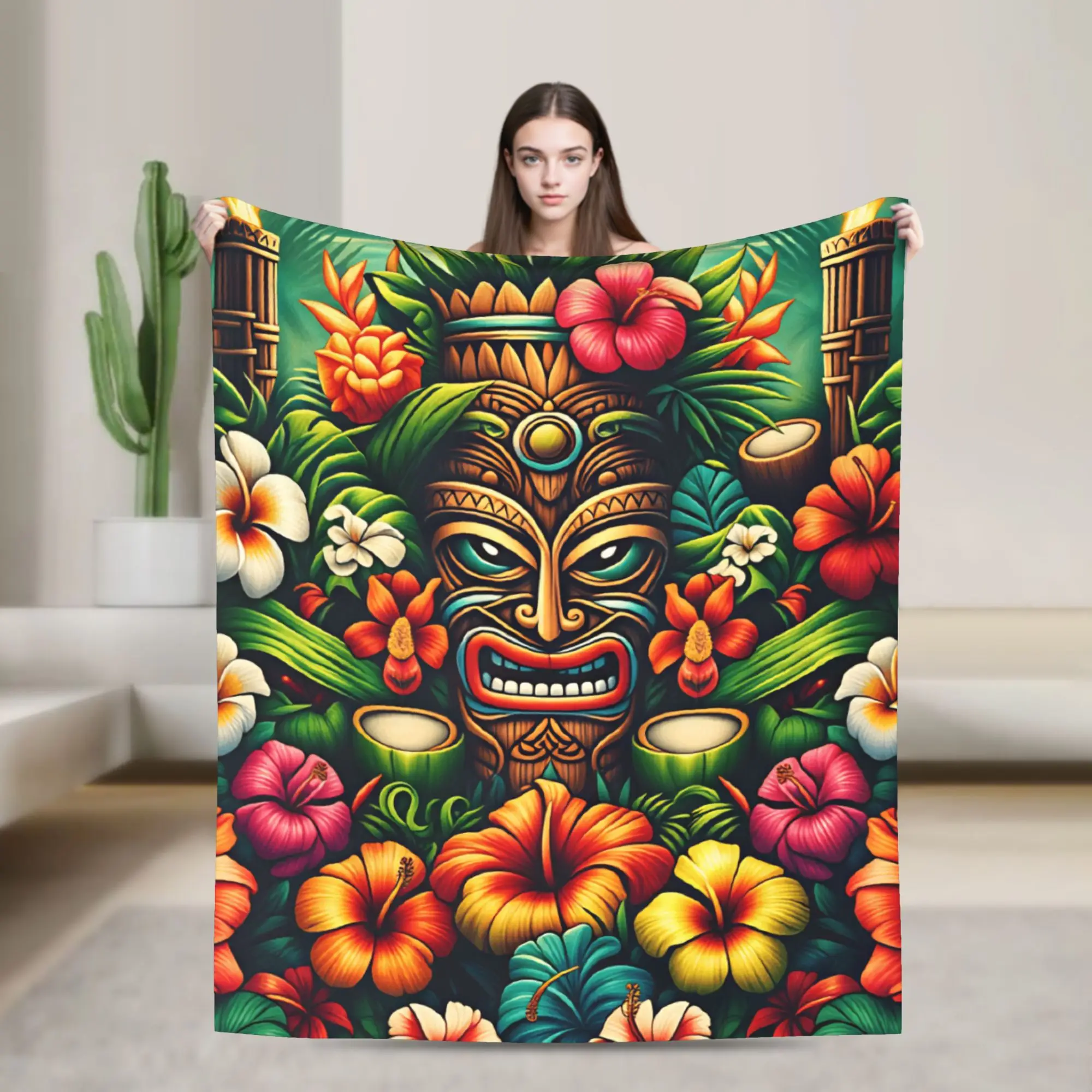 Tropical Flower Surrounded Tiki Mask Totem Hawaiian Art Blanket  Warm Soft Novelty Plush Throw Blanket Bed  Bedspread Bed Cover