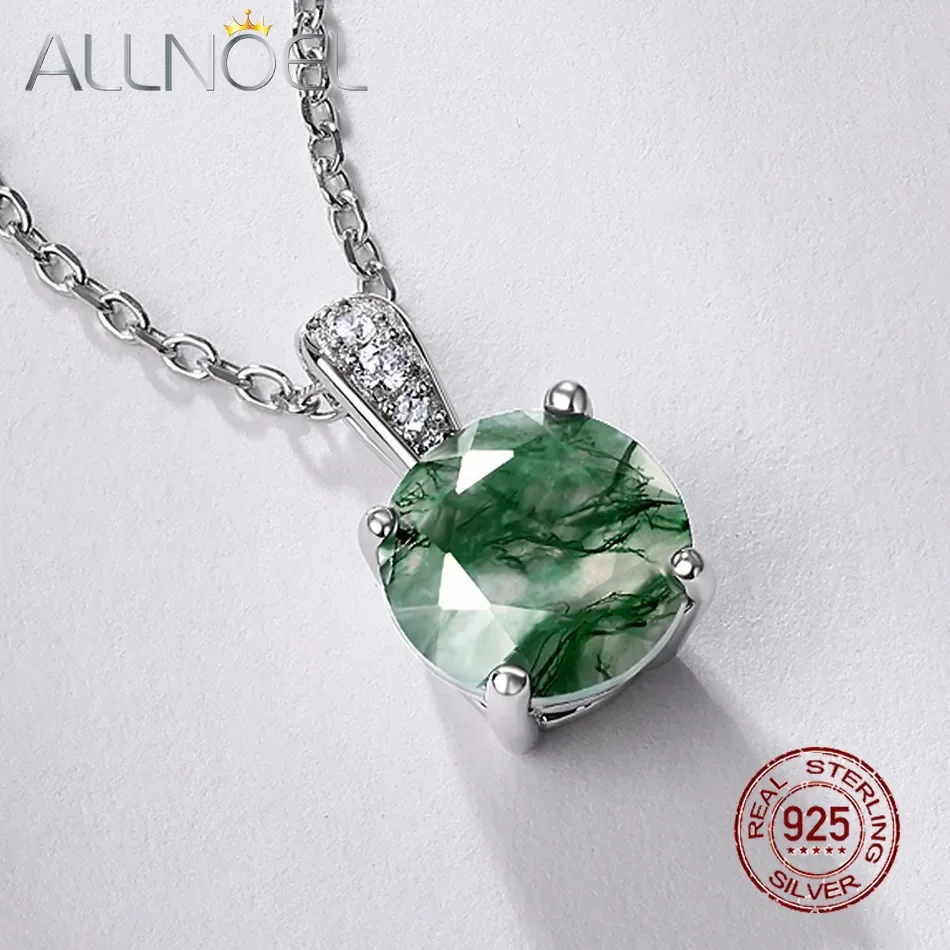

ALLNOEL 925 Sterling Sliver Pendant Necklace for Women Natural Round 8*8mm Moss Agate Unique Classic Jewelry Wedding Gifts New