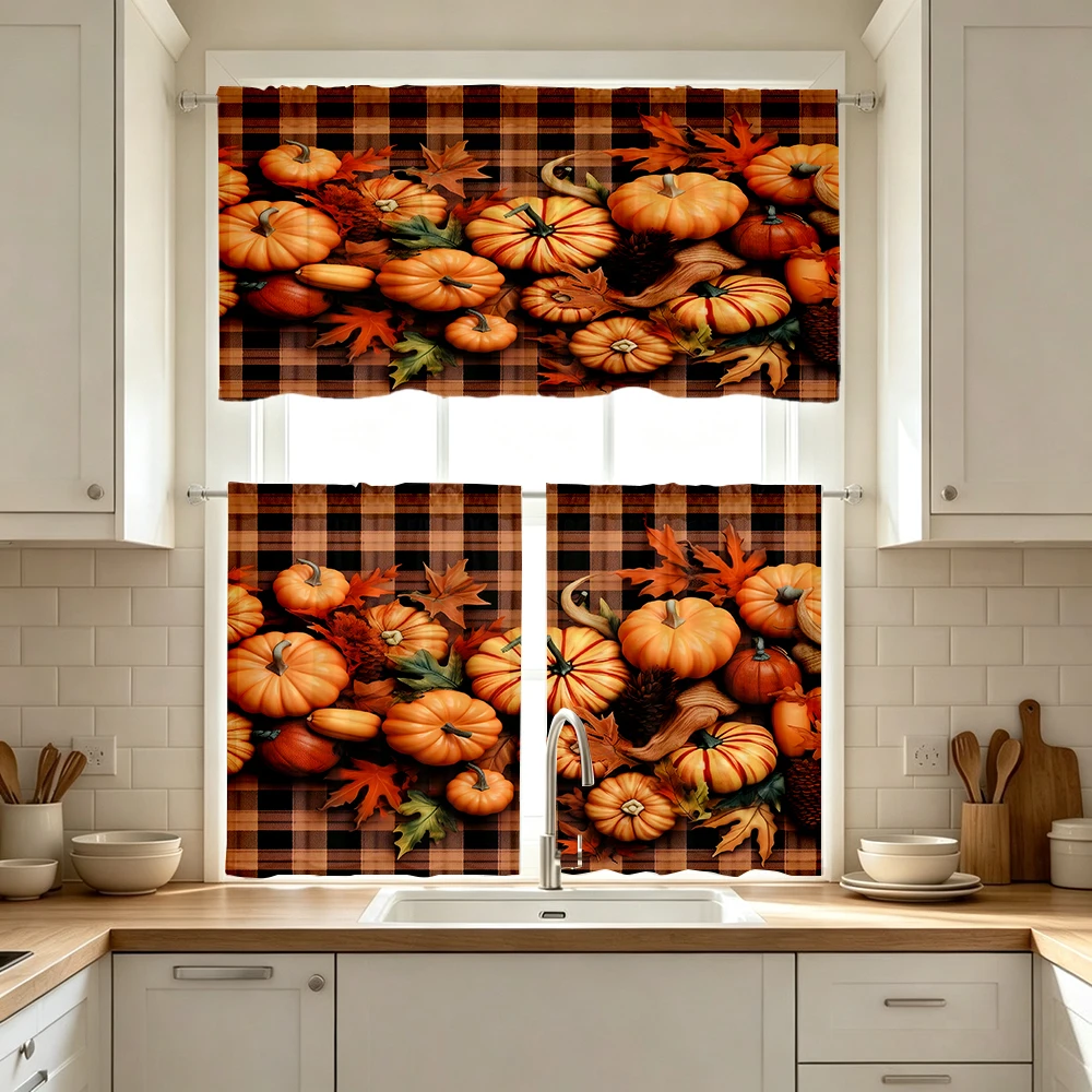Thanksgiving Fall Kitchen Curtains, Plaid Pumpkin Pinecone, Digital Print, Kitchen Dining Room, Rod Pocket Polyester, Home Decor