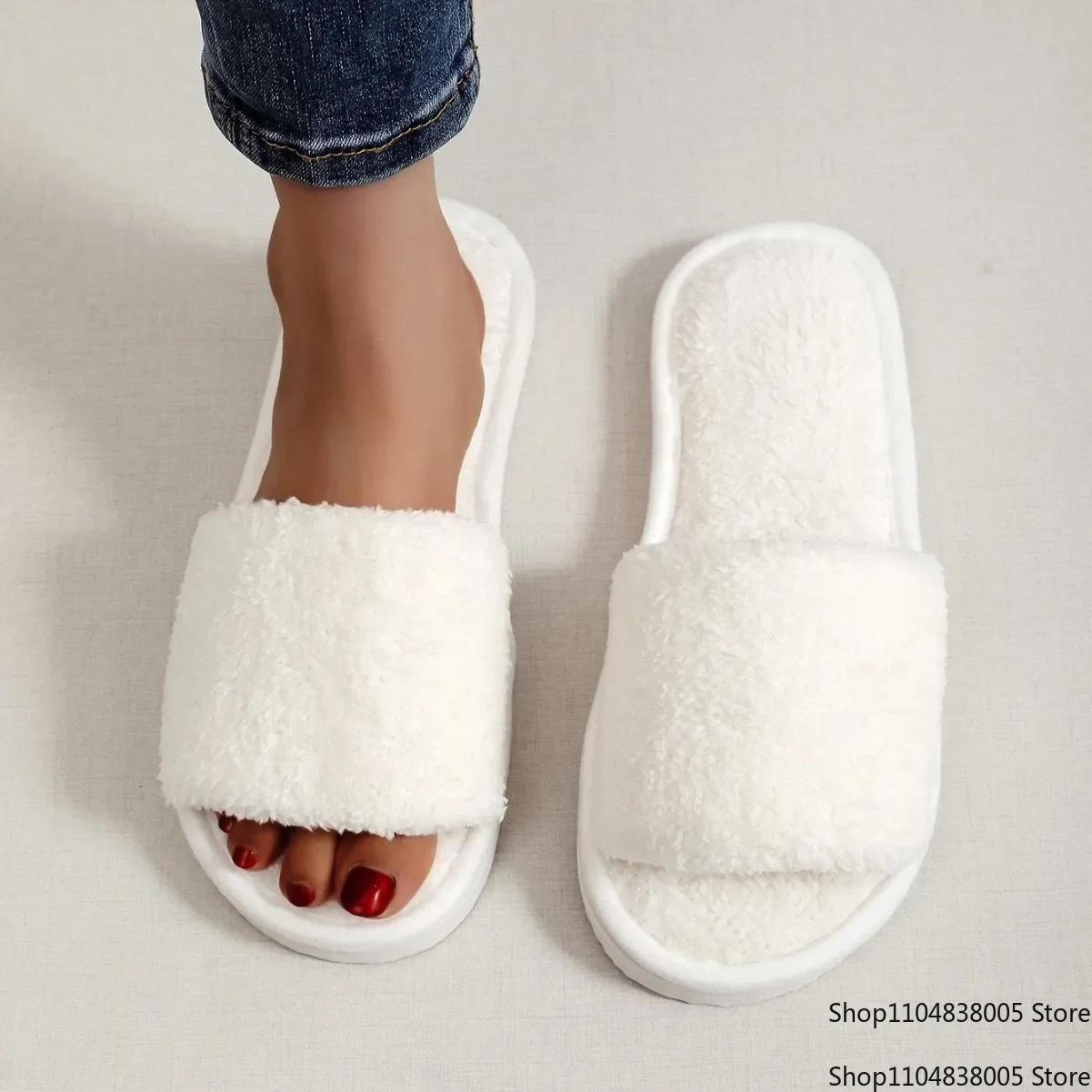 

2025-Новые женские домашние тапочки, шлепанцы, сандалии, обувь на белом меху, теплые плюшевые удобные легкие туфли на плоской подошве