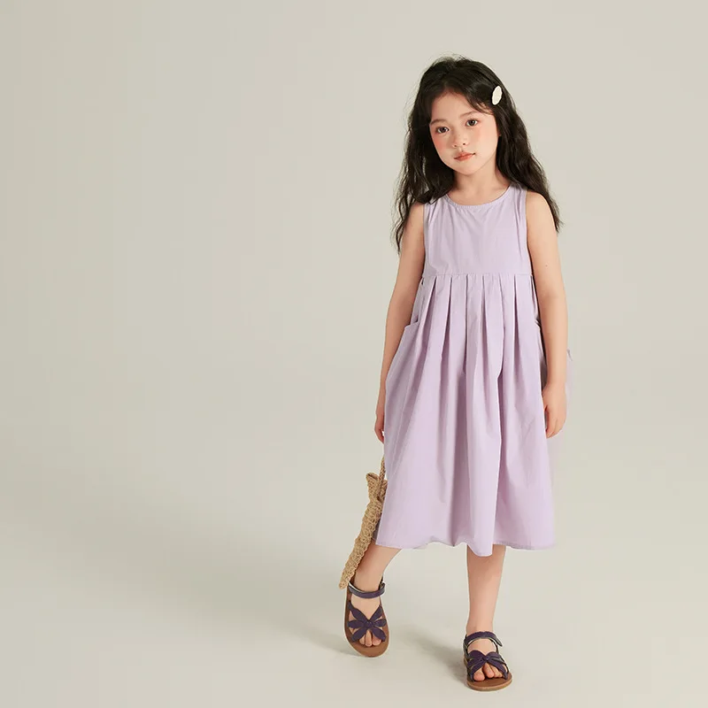 7-14Years Big Kids Summer Sleeveless Dresses for Girls Solid Long Max Tank Dress Children Outfits Clothing