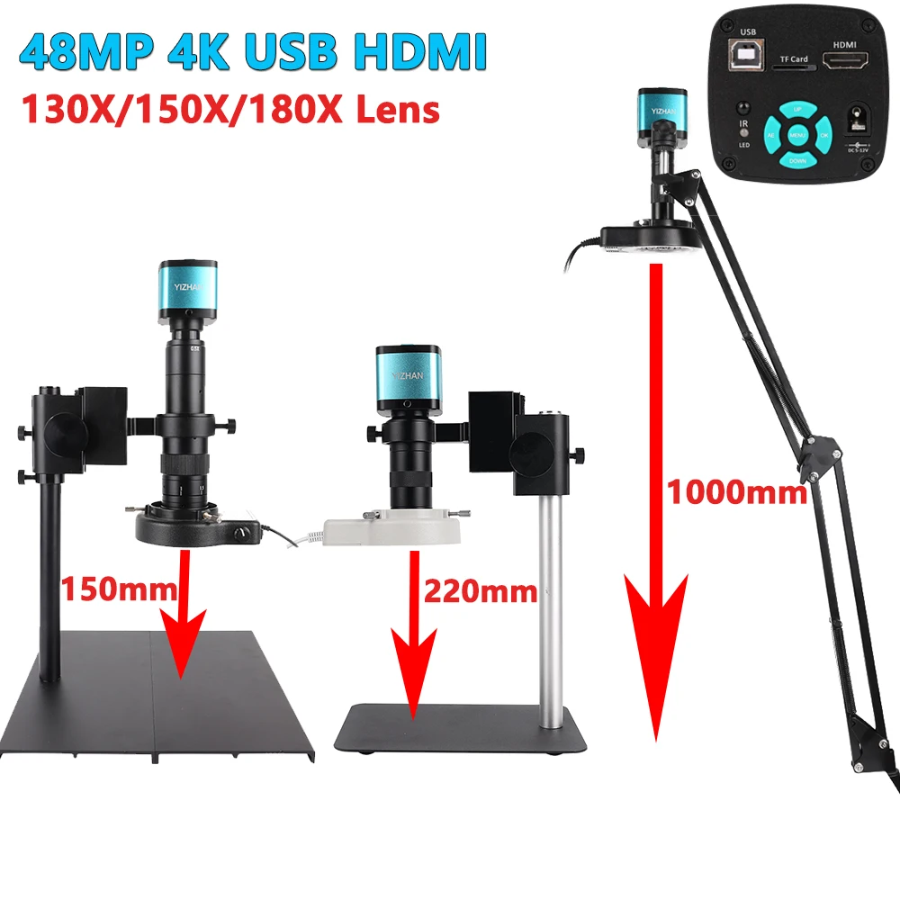 48MP Electronics Microscope Camera 4K Video Digital HDMI USB 1-180X C Mount Lens With LED Light For Lab PCB Phone Repair Tools