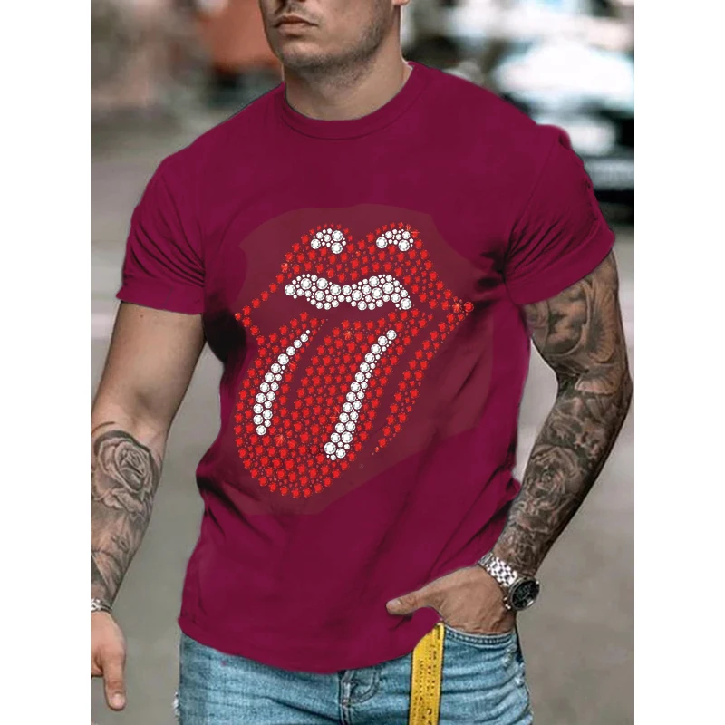 High Quality Fashion Men's Clothing Oversized Tee y2k Tongue Rhinestone Designer Short Sleeve Tops Club Casual Street t-shirt