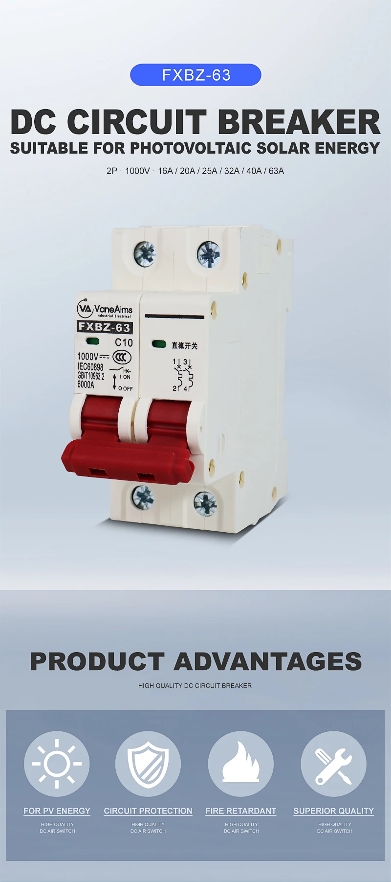 2p DC 1000V Solar leistungs schalter 6a 10a 20a 25a 32a 40a 50a 63a DC1000V PV MCB Din Rail Batteriesc halter für Photovoltaik anlage – Detail 1