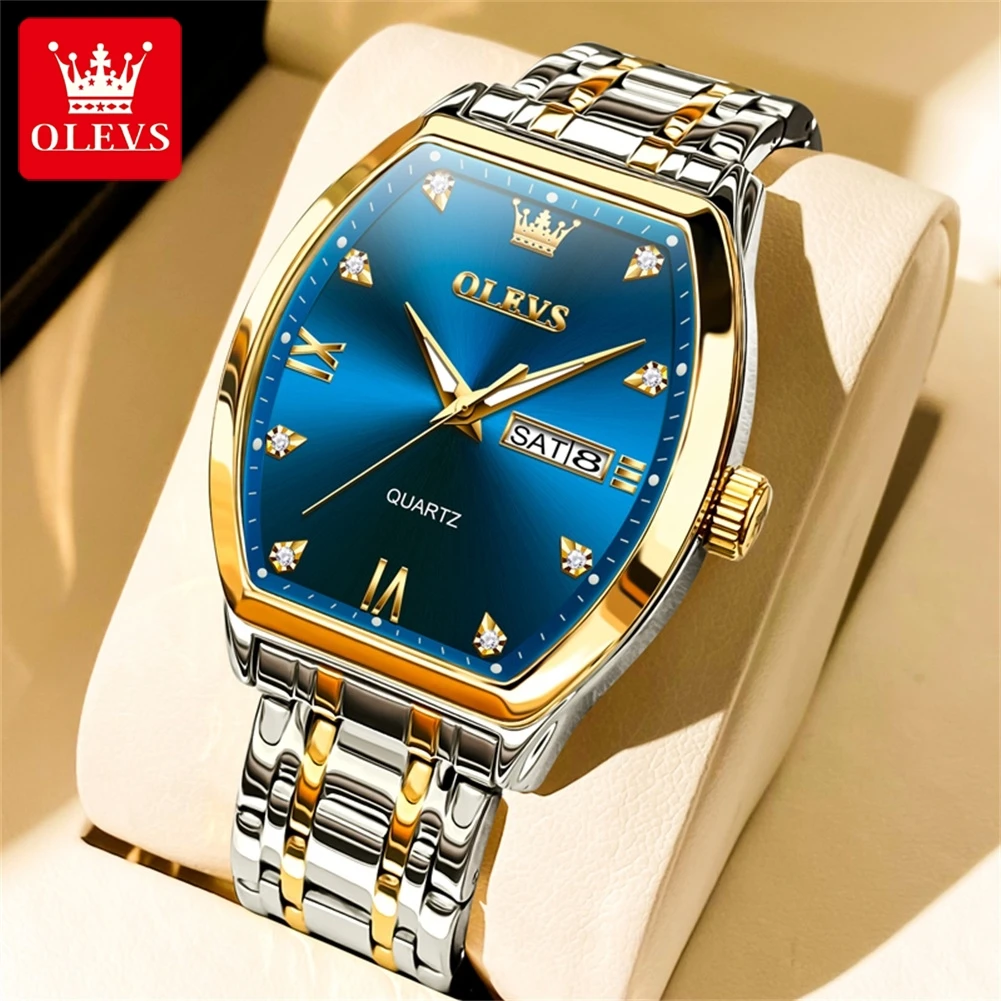 

OLEVS Brand New Fashion Tonneau Dial Quartz Watch Men Stainless Steel Waterproof Week Date Mens Watches Top Luxury Wristwatches