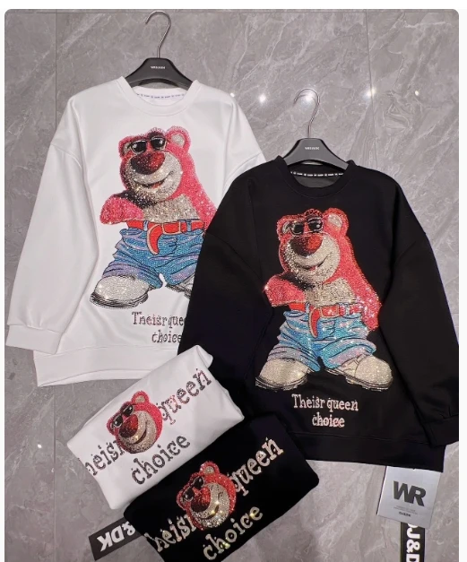 European Good Heavy Industry Hot Diamond Sweatshirts Female Cute Bear Round Neck Loose Black Long-sleeved Top Autumn and Winter