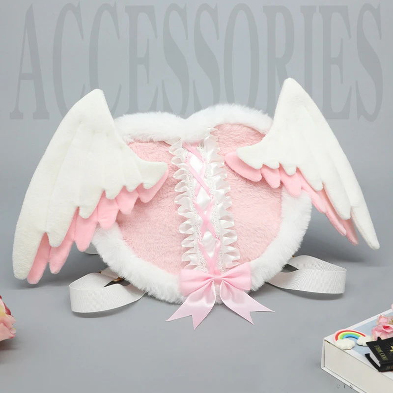 Angel Heart Backpack Bag Y2K Plush Fashion Shoulders Bag with Detachable Angel Wing for Daily Travel Itabag Cosplay Props Bag