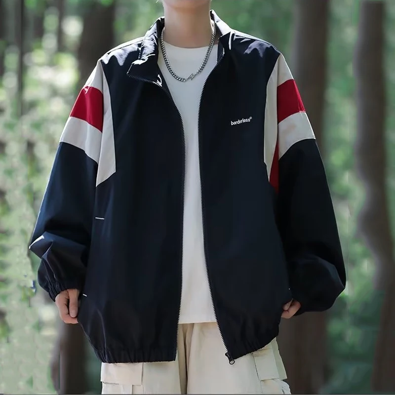 New Men's Spring Autumn Harajuku Blazer Jacket Vintage Color Block Stand Collar Long Sleeves American Style Interchange Jacket