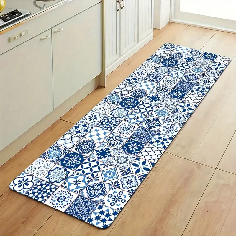 Modern Blue Ceramic Tile Kitchen Floor Mat Decor Kitchen Corridor Balcony Rug Laundry Room Mat Bathroom Anti-slip Doormat Decor
