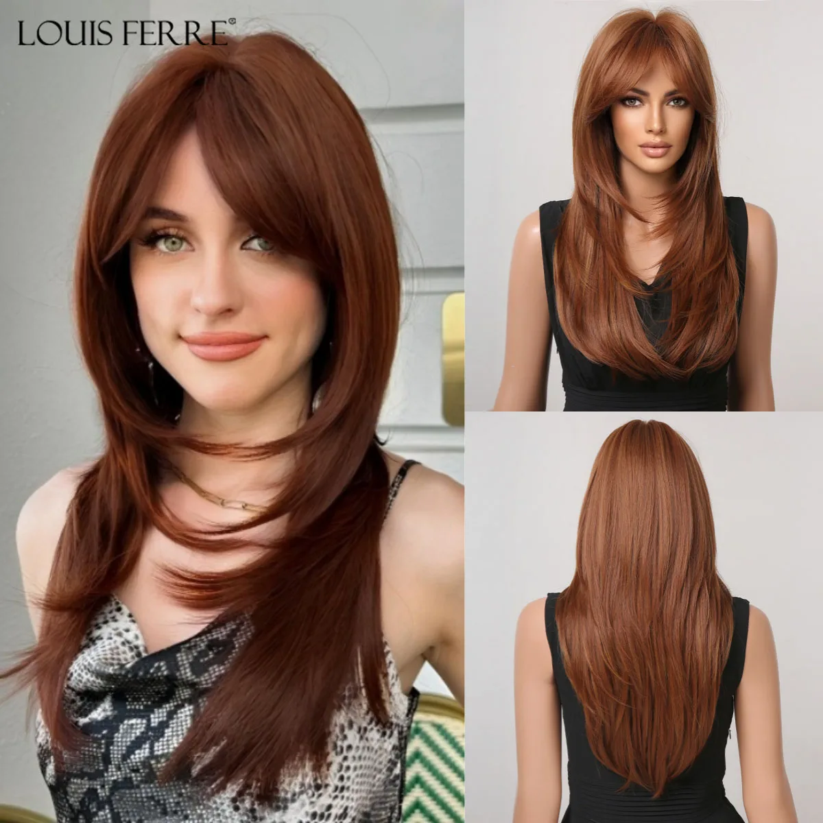 

LOUIS FERRE Коричневый синтетический парик с восемью челками для женщин, длинный многослойный прямой парик для косплея, термостойкие волосы