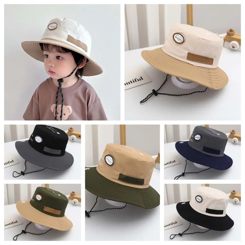 

Breathable Children Fisherman Hat Korean Style Contrast Color Kids Bucket Cap Windproof Rope Letter Embroidery Quick-dry Sun Hat
