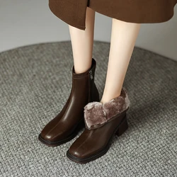 NEW Winter Boots Women Split Leather Shoes for Women Square Toe Chunky Heel Shoes Plus Size Modern Boots Black Wool Warm Boots