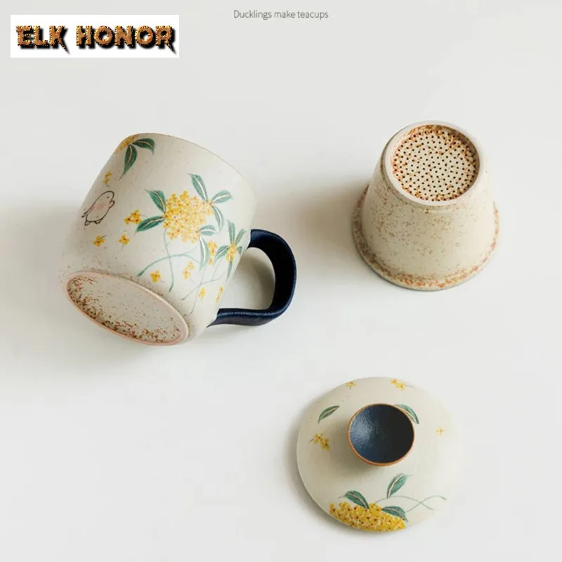 430ml Hand Painted Osmanthus Cute Rabbit Filter Tea Separator Cup Ancient Tea Mug With Infuser Tea Maker Office Water Cup Craft