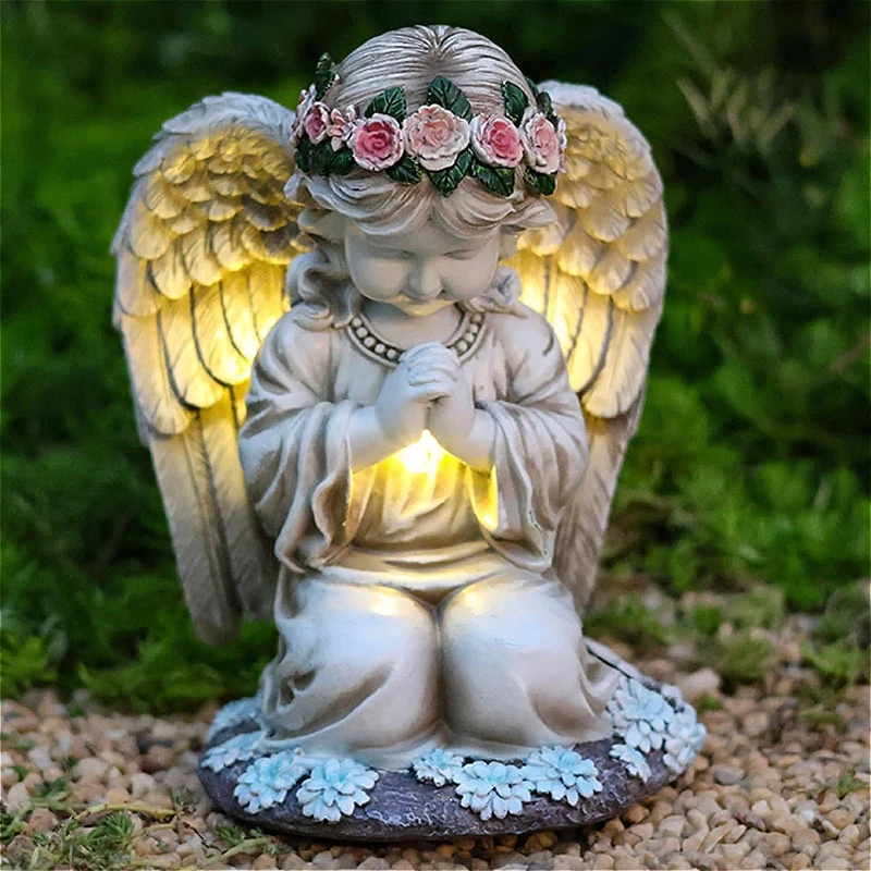 Resin Solar LED Light Angel Garden Statue Outdoor Lawn Figurine Sculptures Yard Fairy Backyard Porch Balcony Decor Gift