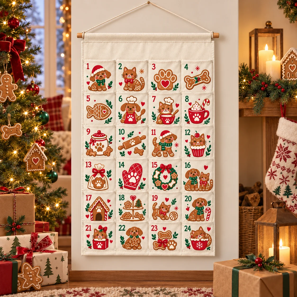 Personalized Pet Christmas Advent Calendar 24 Pocket Hanging Organizer For Dogs Cats Holiday Countdown Decoration Christmas Gift
