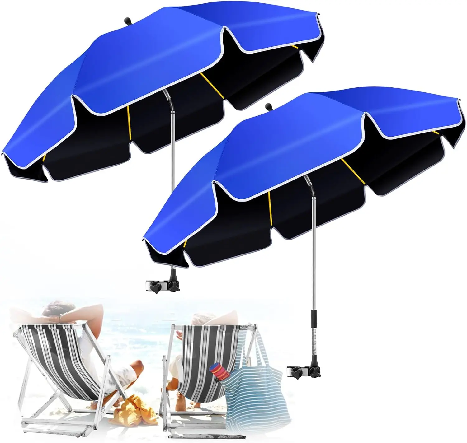 

2-Pack 48.8-Inch Large Beach Umbrella with Clamp, 360° Adjustable UV Protection for Chairs and Strollers