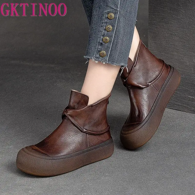 GKTINOO Genuine Leather Flat Platform Shoes 2024 Autumn Winter New Retro Solid Color Round Toe Thick Soled Short Boots