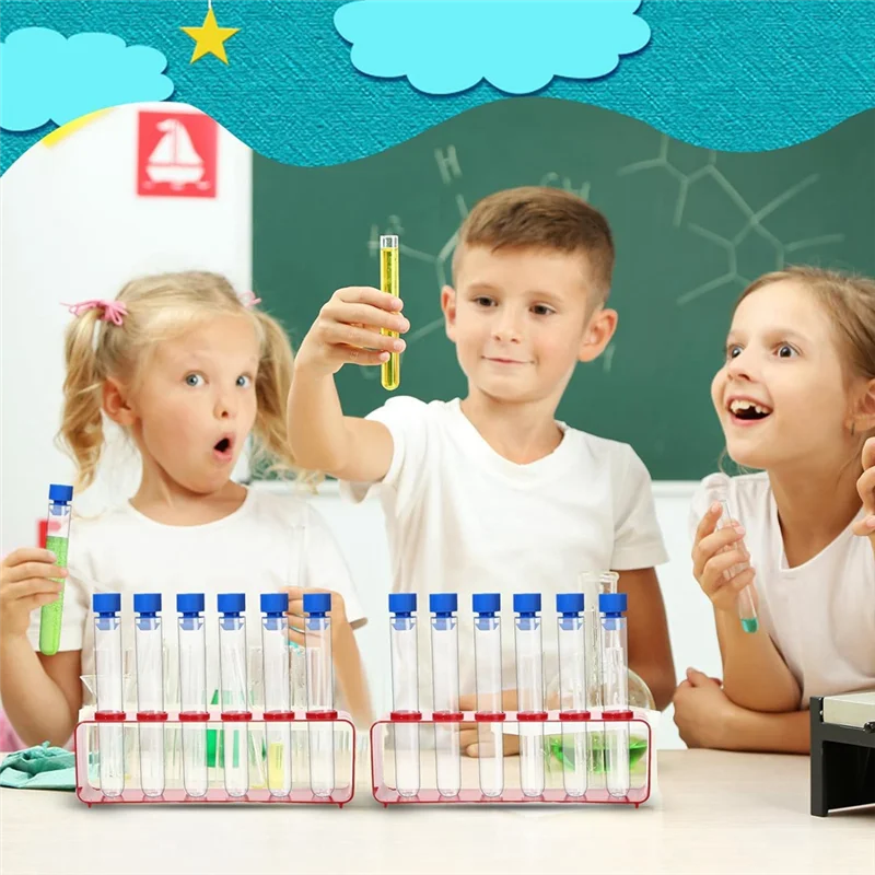 

AU61-1 Sets 15 X 100Mm Test Tubes Plastic Test Tubes With Caps And 6 Holes Holder Rack Nurse Party Decoration