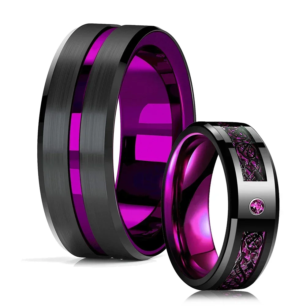 Fashion Men 8mm Black Tungsten Wedding Celtic Dragon Ring Inlaid Purple Zircon Punk Men Stainless Steel Purple Carbon Fibre Ring