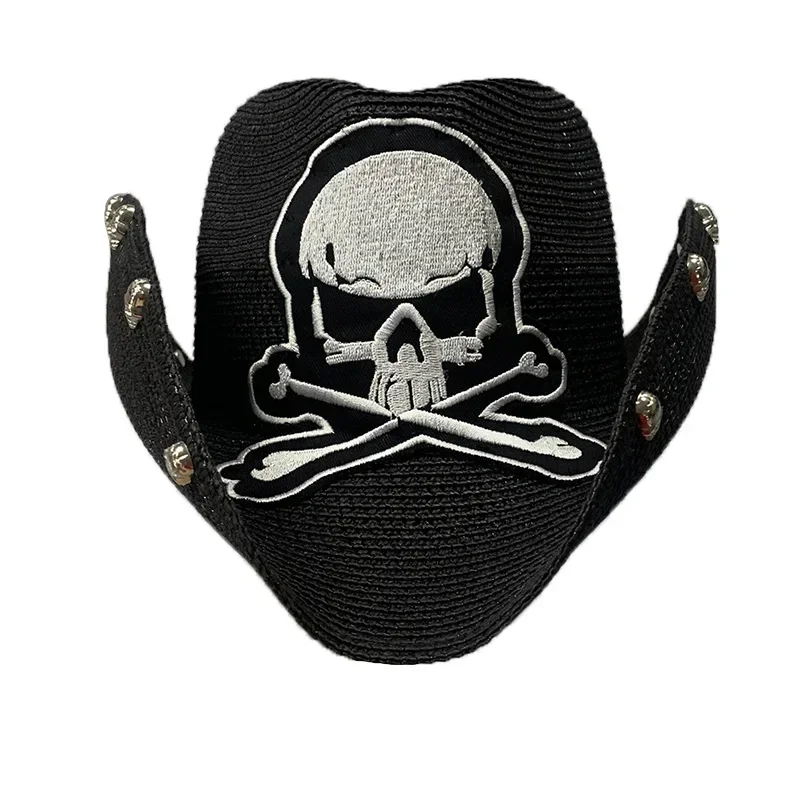 Black Paper Braided Cowboy Hat with Skull Decor for Festival Party, Unisex