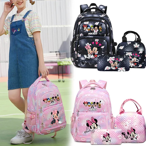Mochila Escolar Mickey Minnie de 3 Piezas para Niña y Niño con Lonchera y Estuche para Lápices, Linda Mochila para Primaria y Secundaria, Regalo de Navidad