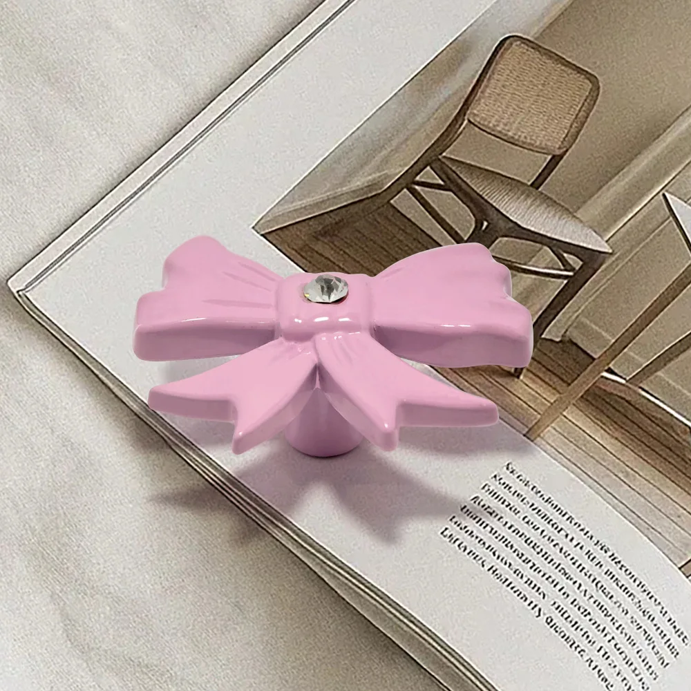 5pcs Cute 3D Bow Single Hole Cabinet Knob Colorful Diamond Inlaid Zinc Alloy Drawer Pull Handle Decorative Furniture Hardware