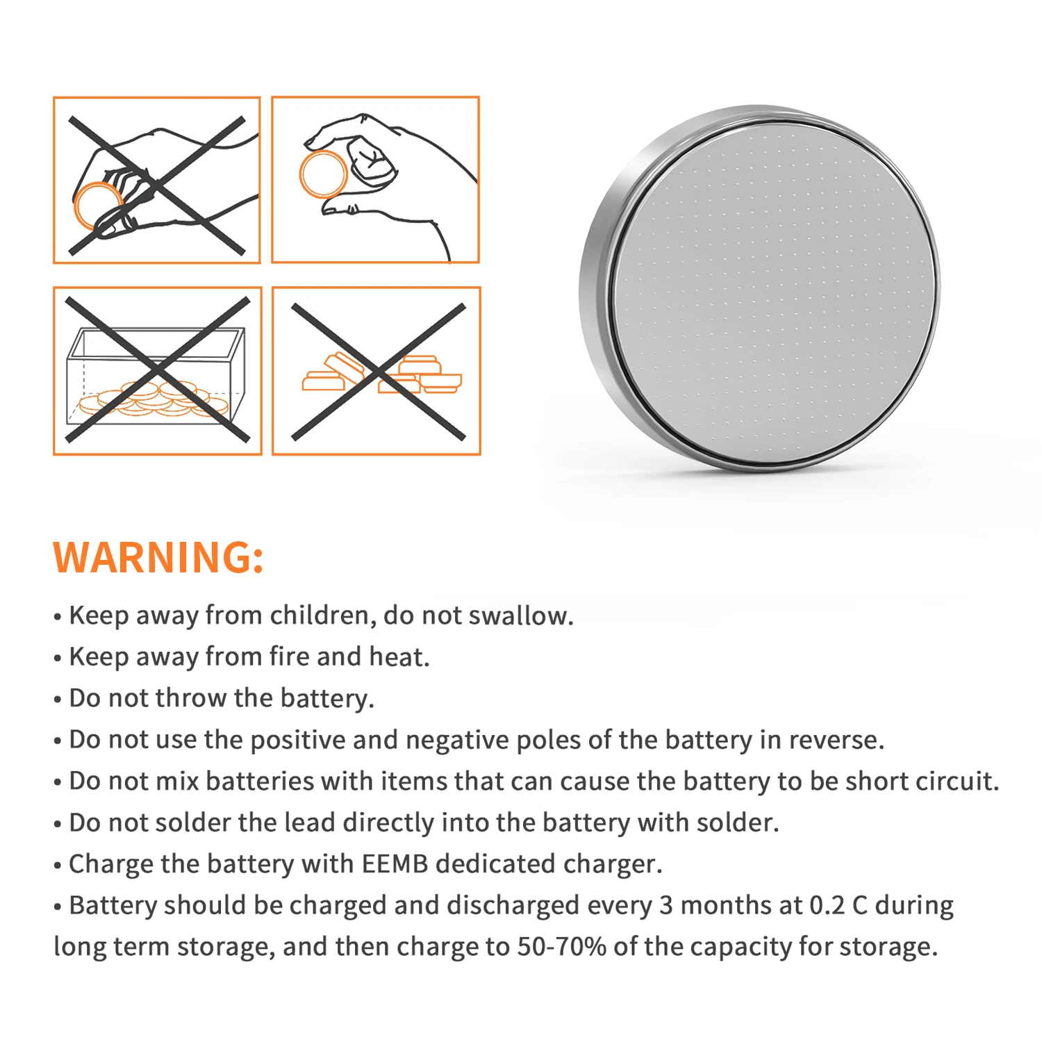 EEMB LIR1454 3.7V 85mAh Button Battery Rechargeable Lithium-ion Battery Coin Cell for Earphone ithium-ion Battery Car Keys Watch