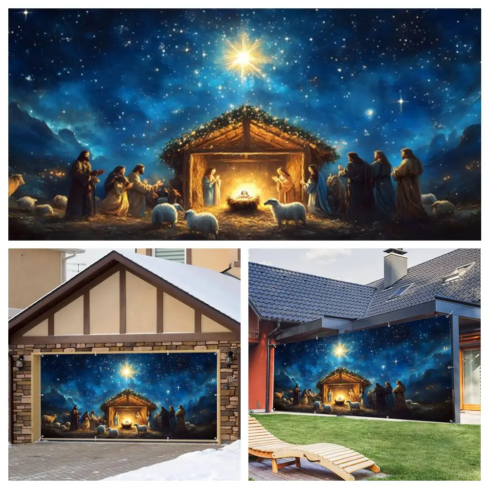 

Birth of Jesus Scene Garage Door Decoration Bannner Christian Saints Night Stables Christmas Party Decor Large Photo Background