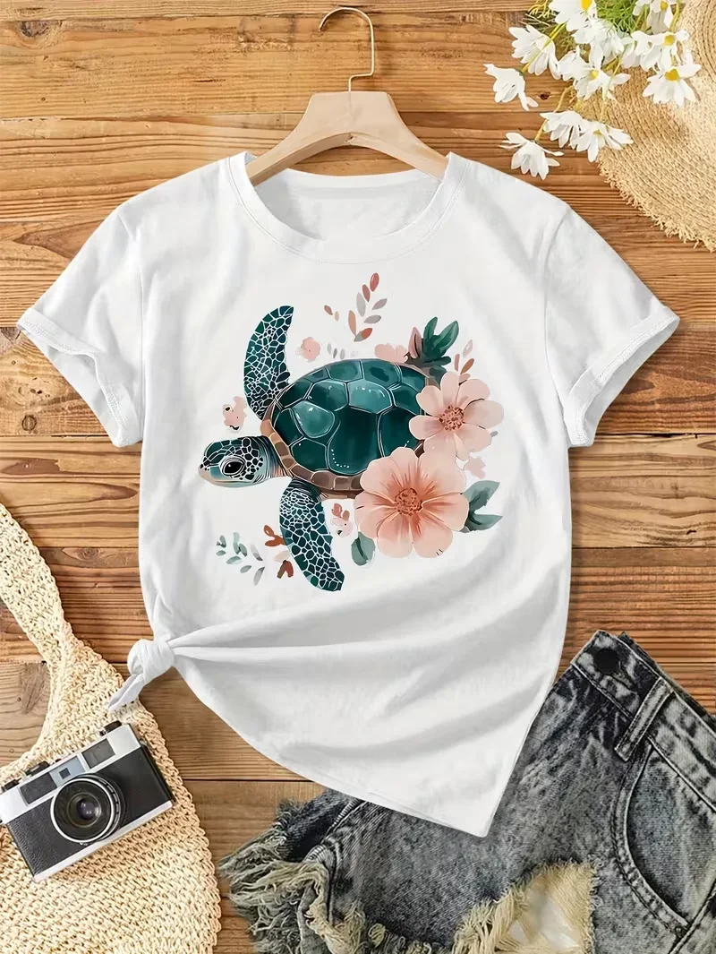 Women's Vintage Floral Turtle & Peach Blossom Print Short Sleeve T-Shirt - Soft Stretch Round Neck Casual Top for Spring Summer