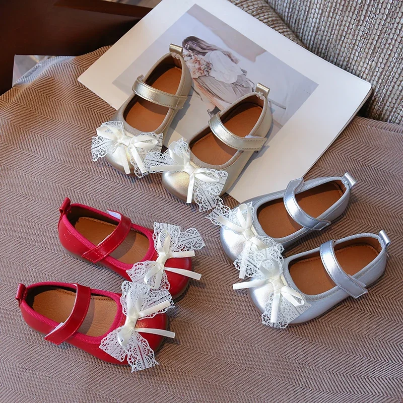 

Kids Flat Shoes with Lace Bows Elegant Girls MaryJanes Versatile Soft 2025 Autumn New Children Leather Shoes Round Toes Sweet