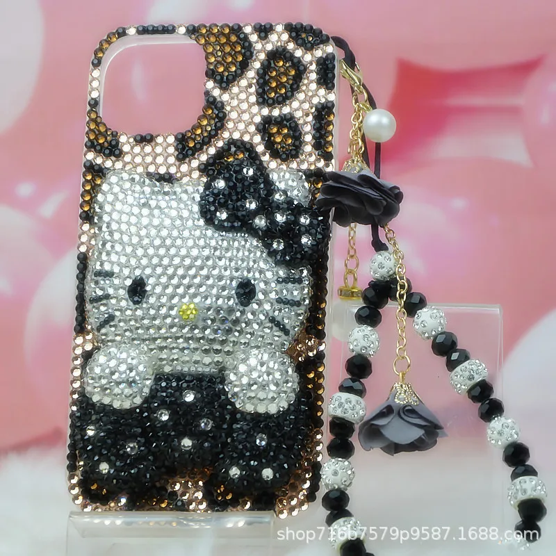 لطيف أبل جراب هاتف حجر الراين Y2K مرحبا كيتي آيفون 17 16 15 14Pro ماكس أنيمي ليوبارد طباعة الفتيات الراقي صديقة هدية