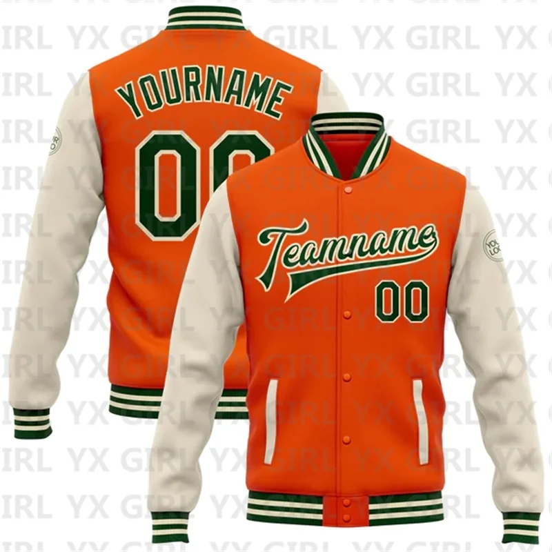 

Custom Orange Kelly Green Black-Cream Bomber Full-Snap Varsity Letterman Two Tone Jacket 3D Bomber