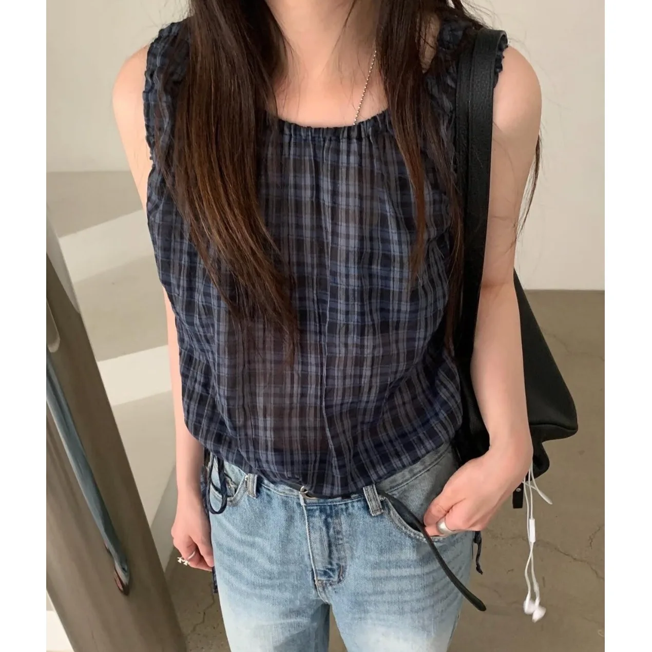

Korean Style Sweet Grid Slimming Waist Corduroy Sleeveless Shirt Versatile Summer New Arrival Fashionable Miniature Clothing