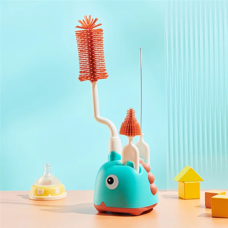 AS96-cepillo de limpieza para botellas de silicona, escurridor especial para bebé recién nacido, juego de limpieza de pezones de enjuague con mango largo