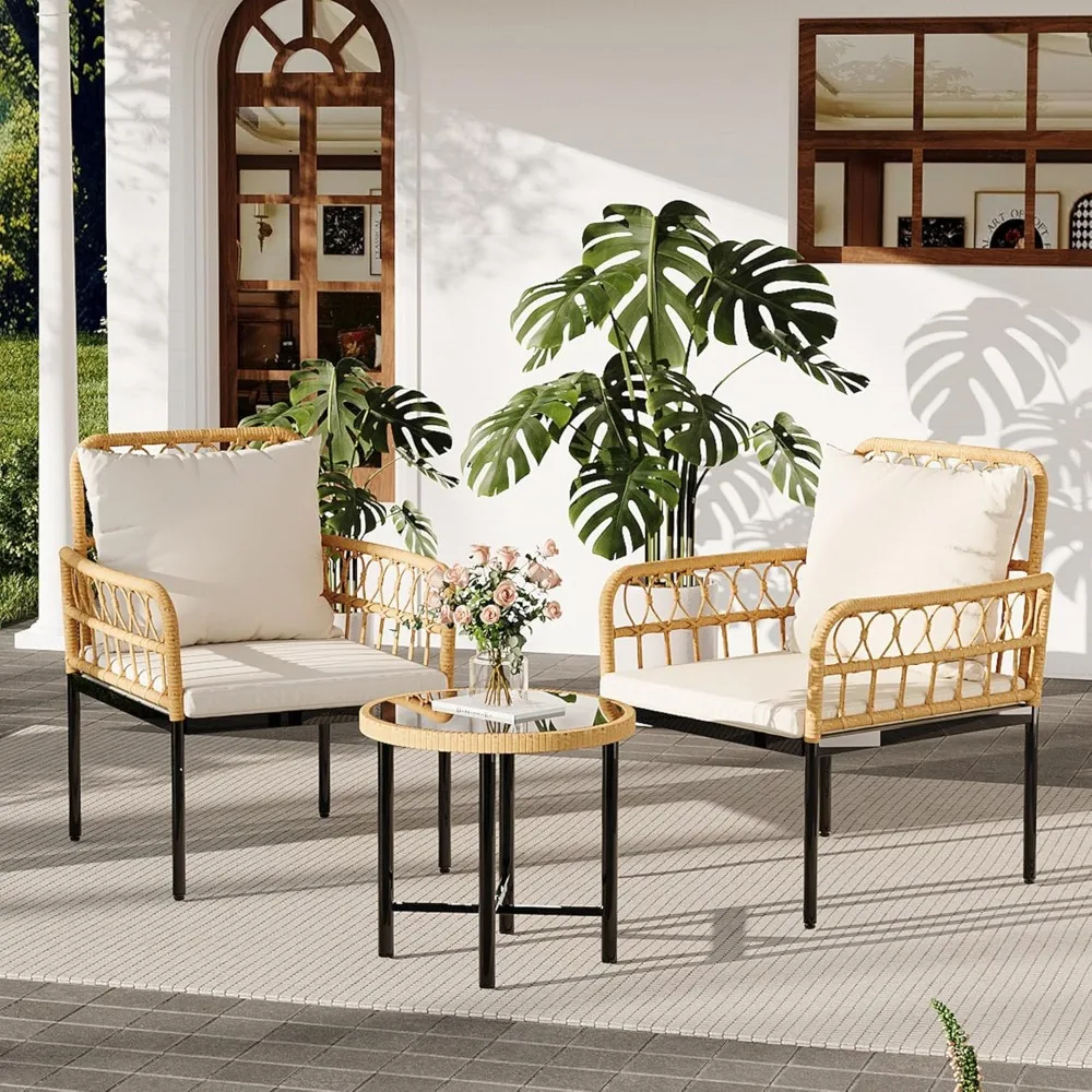 

3 Pieces Outdoor Patio Furniture Set with Table, 2 Cushioned Wicker Chairs and Glass Coffee Round Table, Garden Furniture Sets