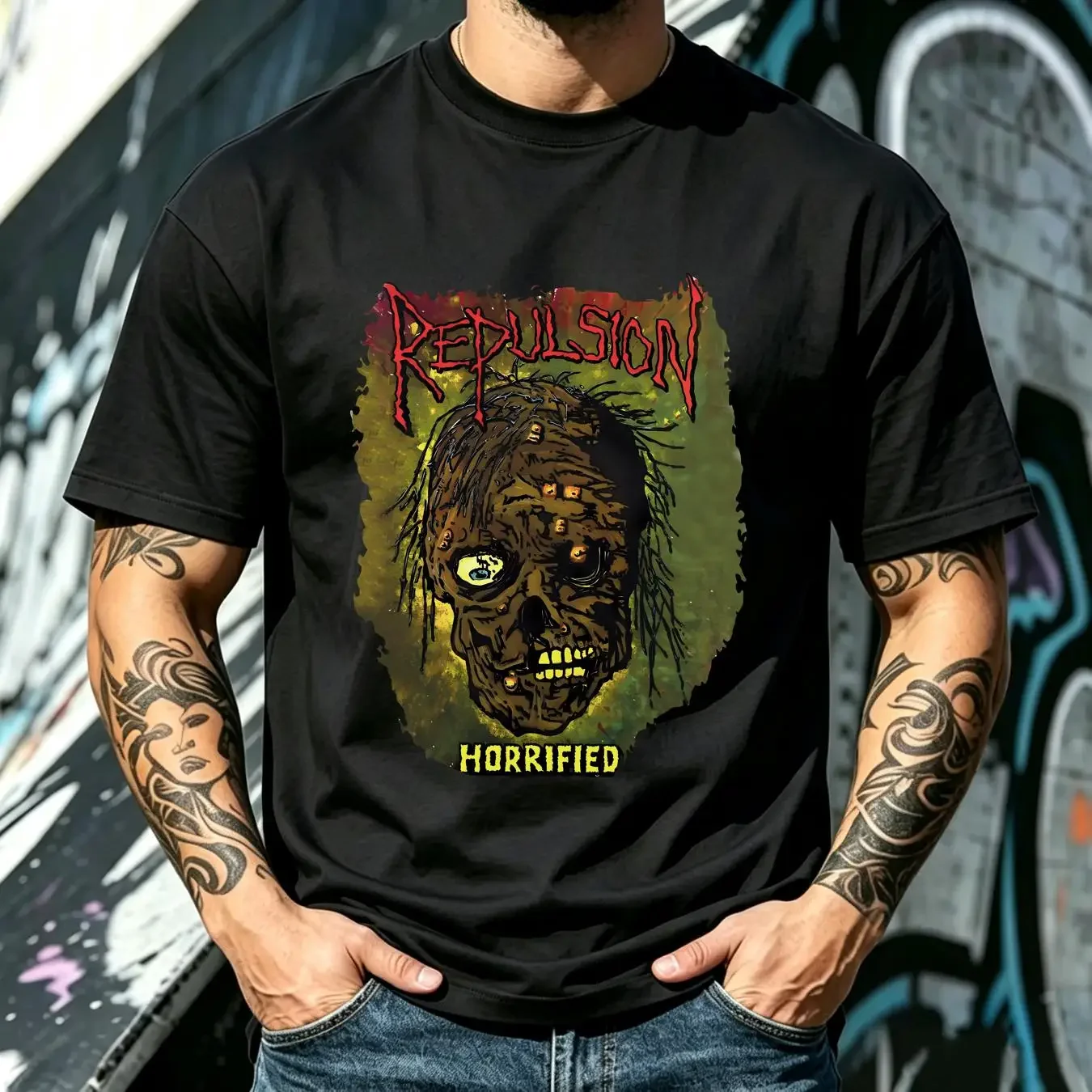 washed T Shirt Alternative Grindcore Horrified Repulsion Band NWT Black Color S 2XL long or short sleeves vintage Washed Unisex