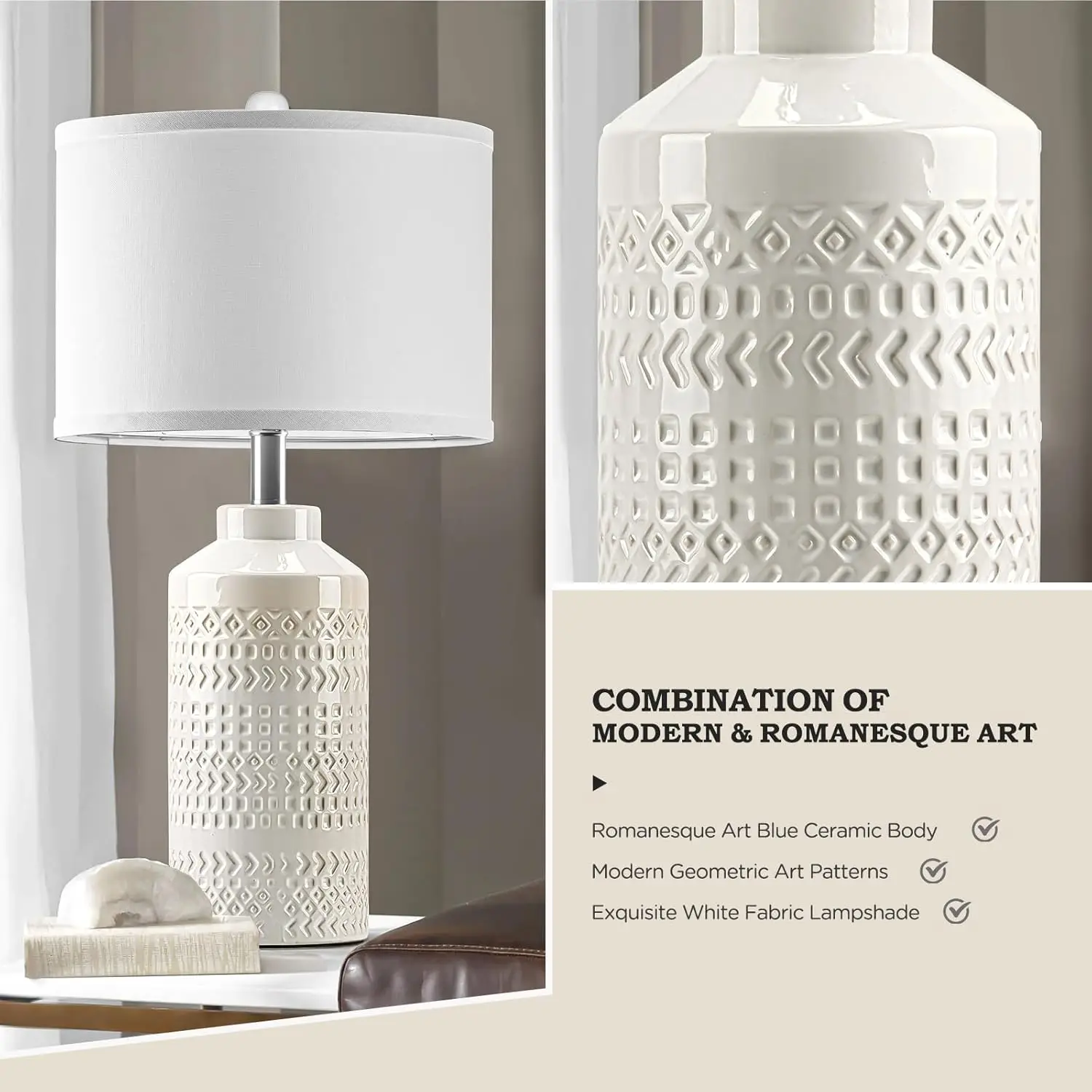 โคมไฟตั้งโต๊ะเซรามิกสีขาวครีมสไตล์โมเดิร์น 23.5 นิ้ว ชุด 2 ชิ้น โคมไฟข้างเตียงสไตล์วินเทจเรโทรสำหรับห้องนอนและห้องนั่งเล่น