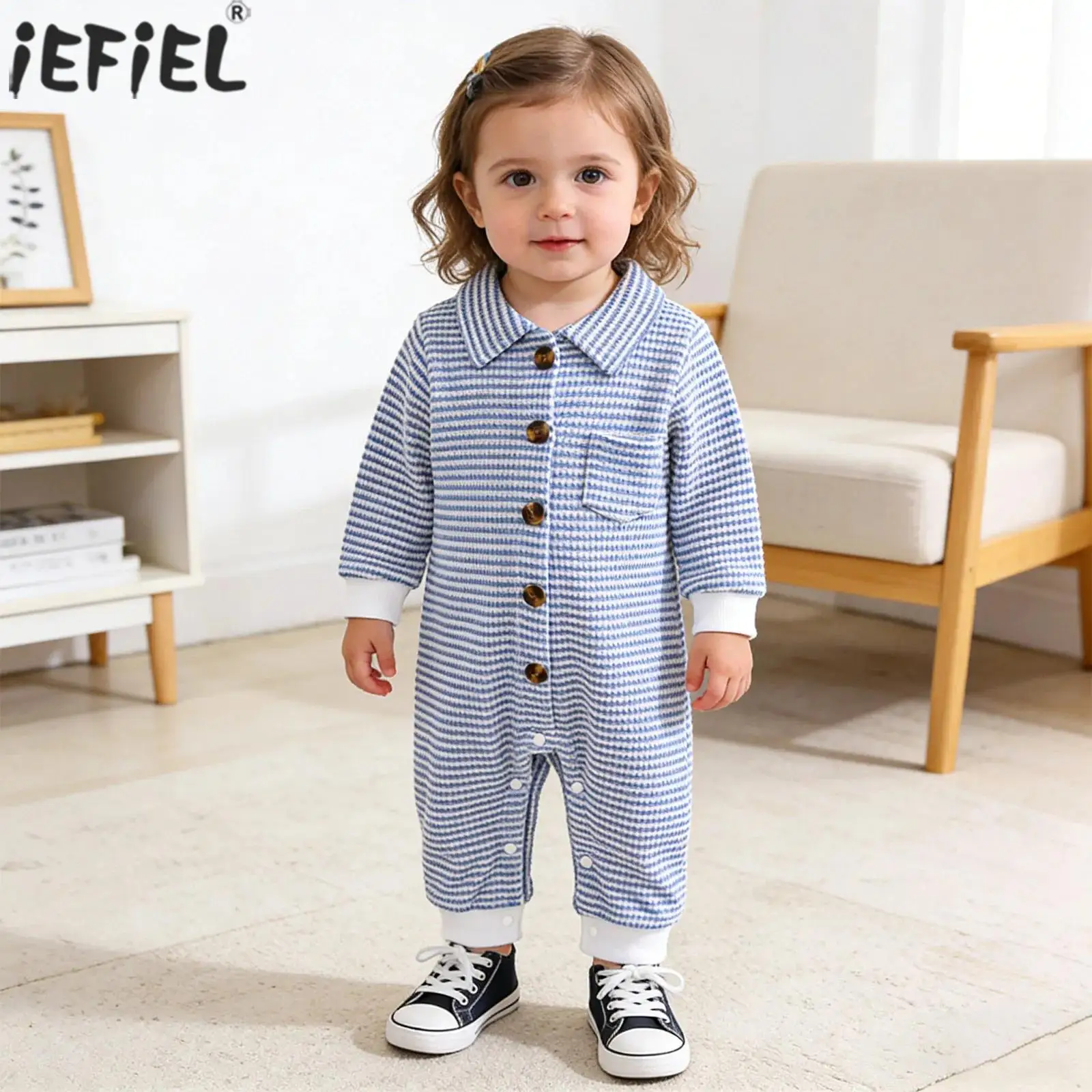 Baby Boys Girls Clothes Casual Striped Romper Turn-Down Collar Long Sleeve Buttons Jumpsuit Newborn Spring Fall Outfits Homewear