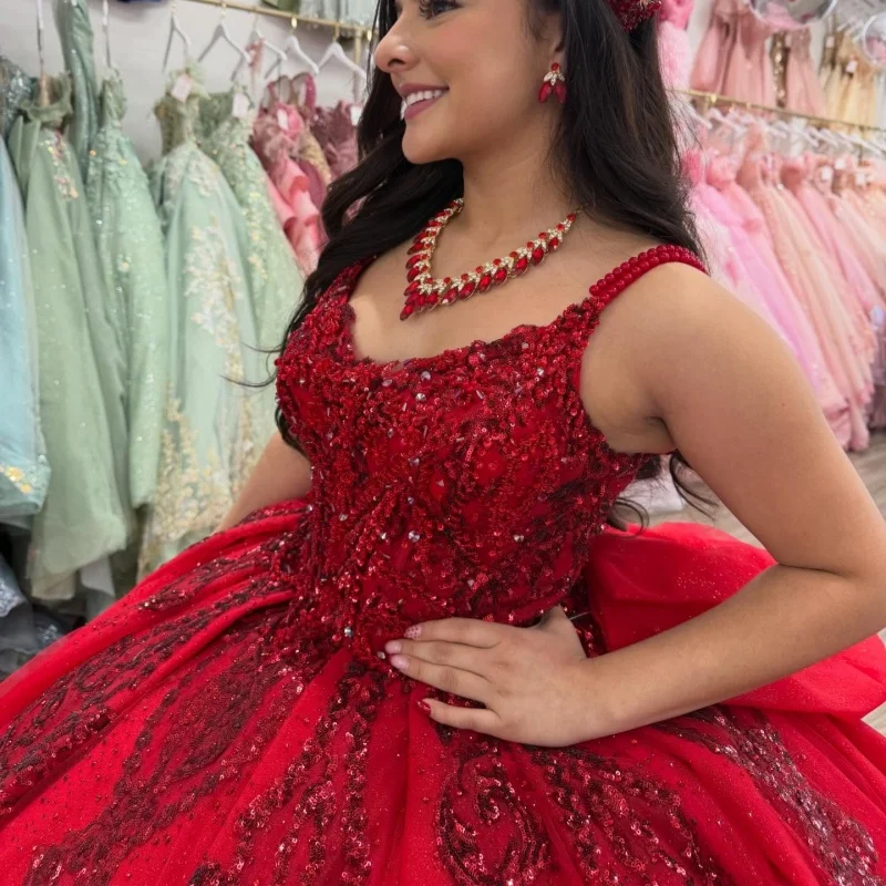 

Shiny Red Quinceanera Dresses Off the Shoulder Glitter Decal Lace Ruffles Long tail Bow Vestido De 15 Quinceanera Customize