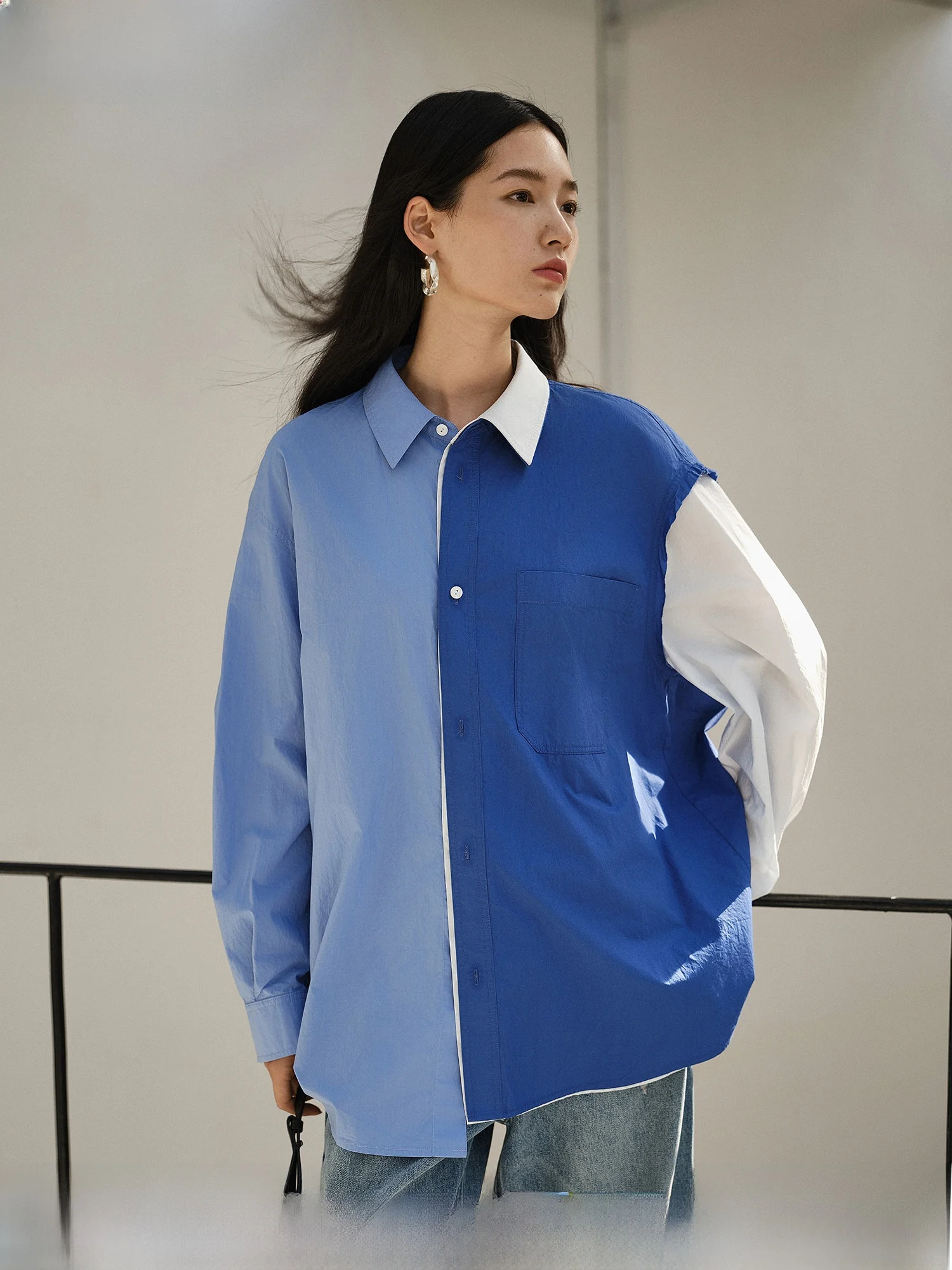 

Modern Initiation Loose Long Sleeve Blue Shirt Women's Spring New Style Draped Feeling Polyester Fiber Skin-friendly Breathable