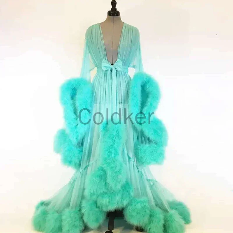 Sexy Lingerie Perspective Robes for Women Feather Trumpet Sleeve Trailing Long Night Dress Luxury Temptation Nightgown Suit 2022