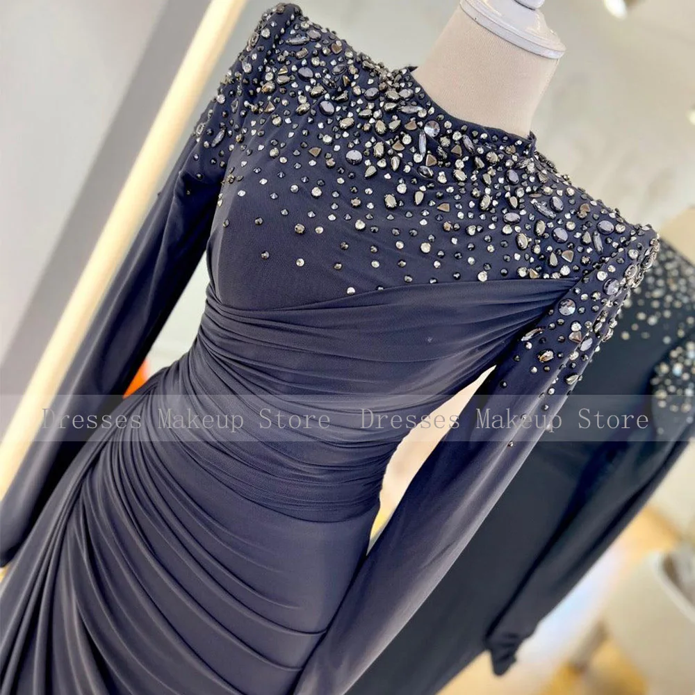 Luxury Wedding Party Dresses for Women 2023 Long Sleeves Crystal Evening Dress Mermaid/Trumpet Pleated O Neck Modest Formal Gown