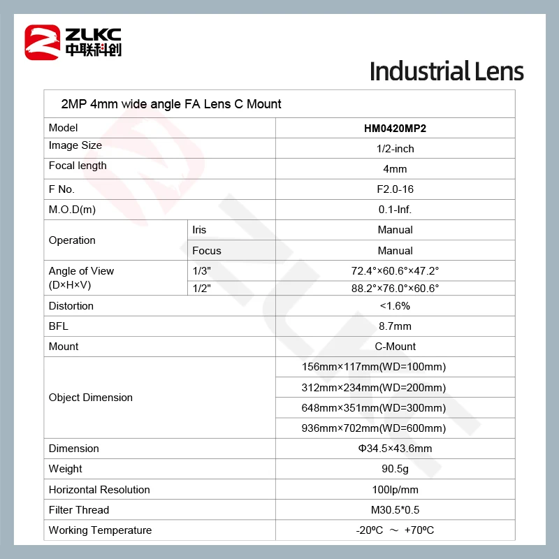 ZLKC 1/2 inch C-mount Camera 4mm Wide-angle Lens F2.0 Manual Iris 2MP Machine Vision/CCTV Camera Industrial Inspection Lens