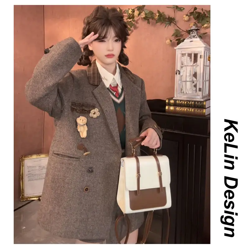 Japan Sweet Hot Retro Tailored Coat For Women'S Autumn Winter High-End Loose Mid-Length Suit Jacket Skirt Fashion Female Clothes