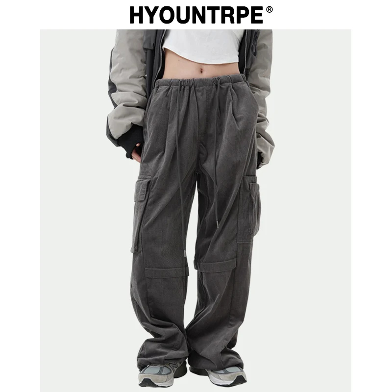 Women High Street Corduroy Pants Casual Elastic Waist Side Pocket Loose Straight Pant Unisex Hip Hop Y2k Loose Streetwear Jogger